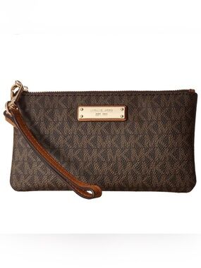 Michael Kors Dark Brown Monogram Zip Wristlet with Gold Hardware